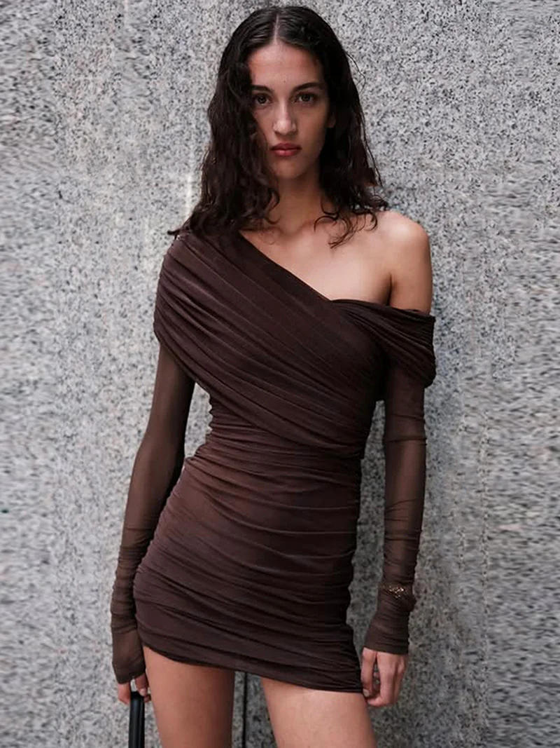 DGLUKE – Mini robe Sexy en maille transparente pour femmes, épaules dénudées, manches longues, asymétrique épaule dénudée, froncée, moulante