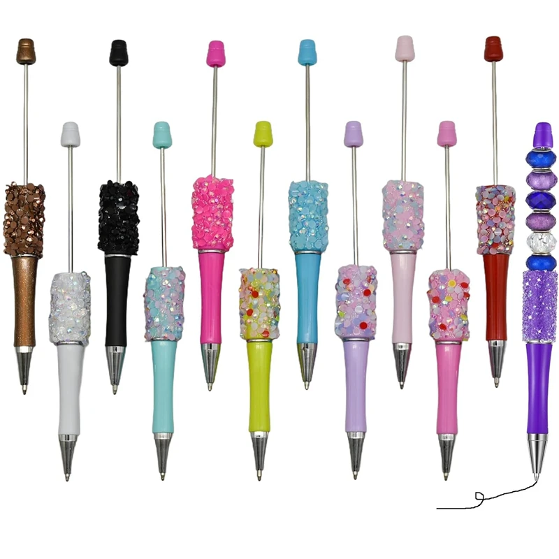 12 PCS Petal Glitter Beadable Ballpoint Pens Retractable Diamond Bead Pen Plastic DIY Bling Pens Cool Shaft Beaded Pens