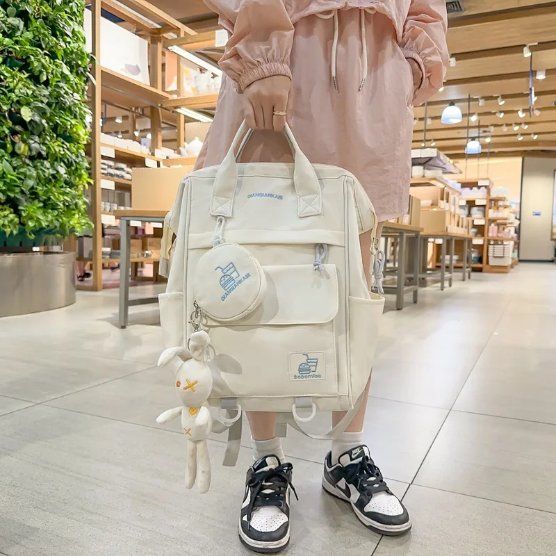 Korean Style Girls Fashion School Backpack with Toy 2 Pieces Set Cute Bookbag for Women Nylon Kawaii Backpack Travel Bags