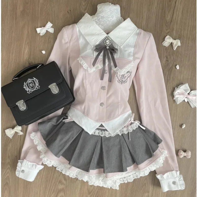 Y2K Bow Lace Fake Top Dresses 2 Piece Set Uniform College Sweet Girl Contrast Patchwork High Waisted Pleated Skirt Girls 2 Set