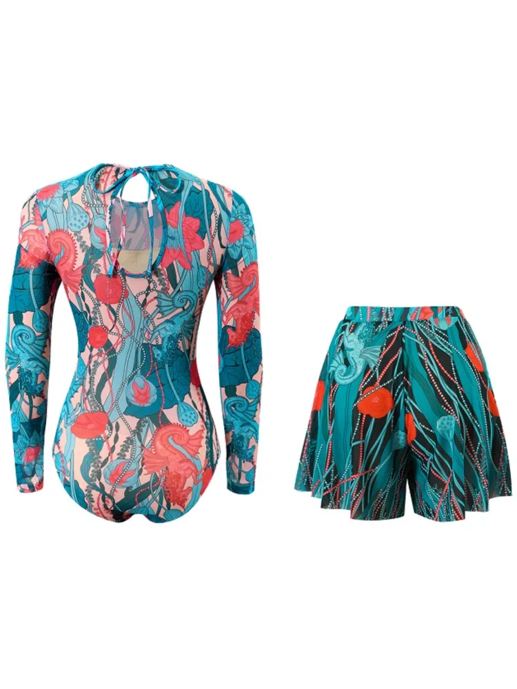 ชุดว่ายน้ำเซ็กซี่เอวสูง 5 ชิ้น สำหรับผู้หญิง ชุดบิกินี่แขนยาว ชุดว่ายน้ำชายหาด ชุดว่ายน้ำฤดูร้อน