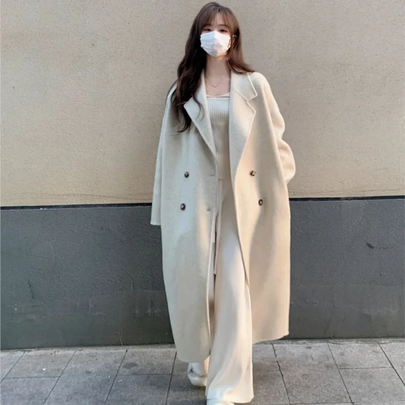 Women\'s Autumn Winter Woolen Coat Thickened Korean Temperament Loose Mid-length Oatmeal Woolen Coat Simple Wool Oversized Coat