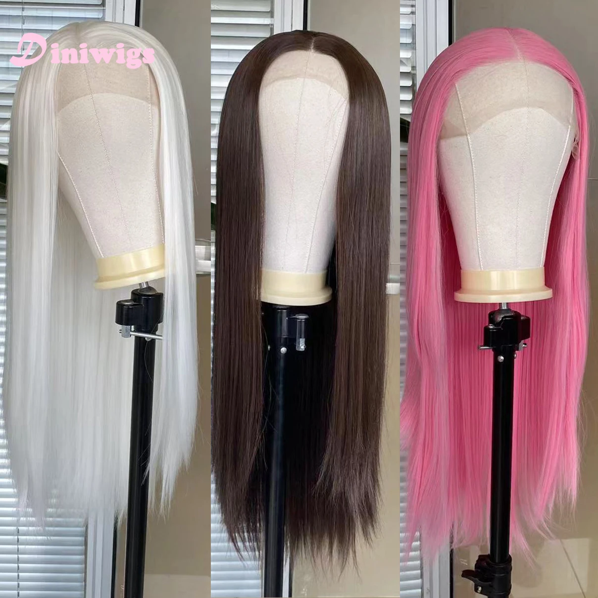 Diniwigs الأبيض الدانتيل شعر مستعار أمامي طويل حريري مستقيم الشعر الاصطناعية غلويليس شعري طبيعي ارتداء اليومي تأثيري الباروكات للنساء #1