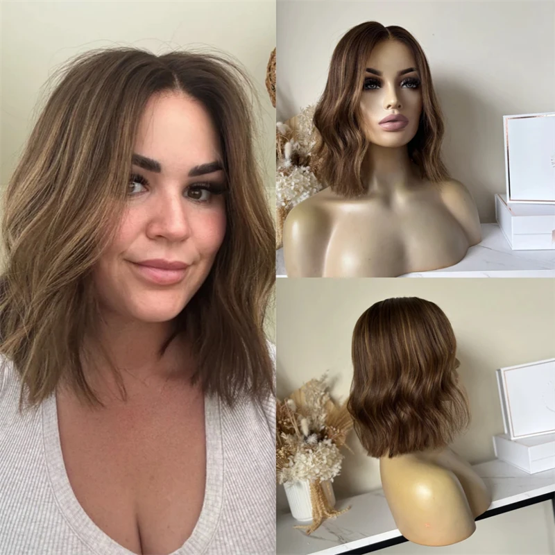 

Short Wave Bob Ombre Brown with Blonde Streaks Synthetic HD Lace Front Wig Heat Resistant Fiber Wig Heat Resistant Fiber Wig
