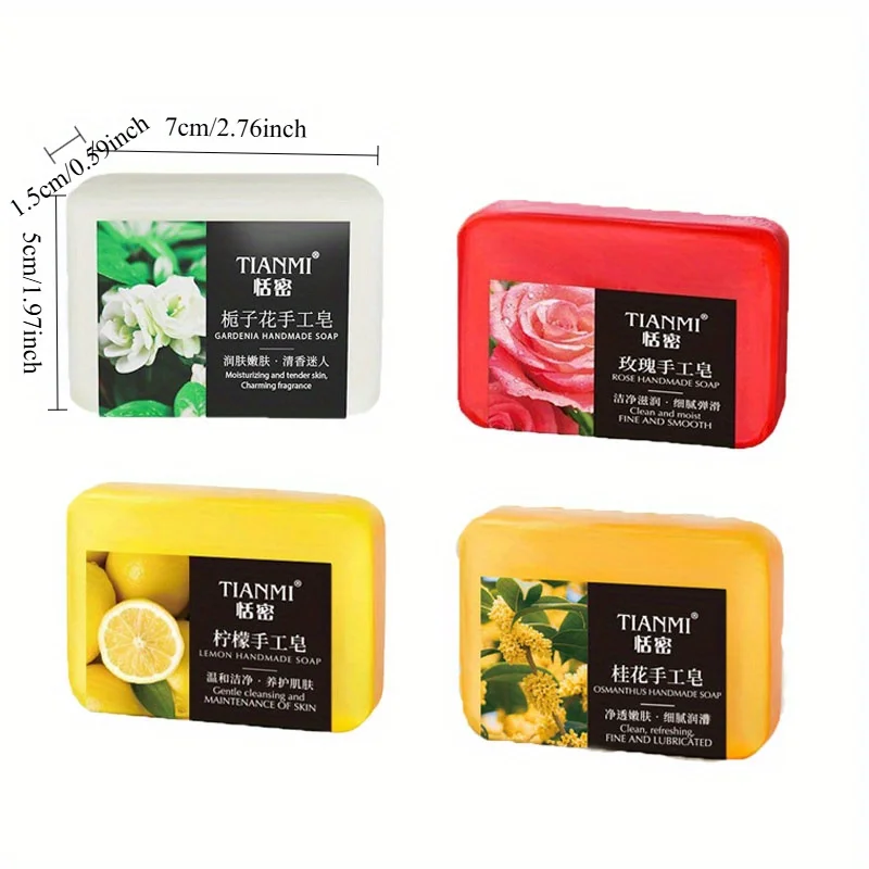 4-piece fruit and flower-scented shower gel bar set, featuring 4 different fragrances including rose and lemon.Deep cleansing