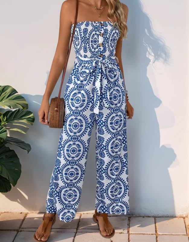 

Casual and Comfortable Summer Fashion Blue Geometric Print Elastic High Waisted Strapless Women's Long Sleeveless Jumpsuit