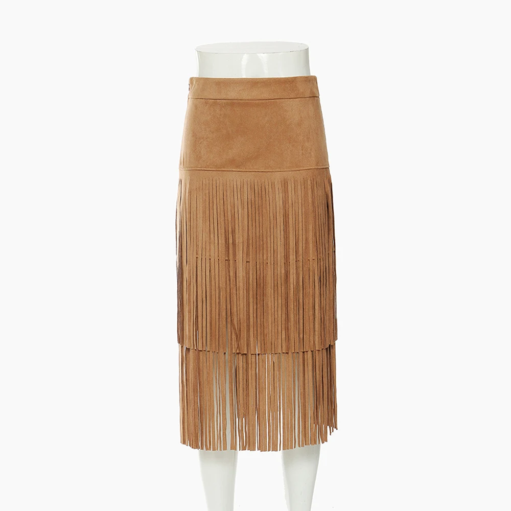 Retro Fringe Skirt Women's 2026 American Style Unique Early Spring Wasteland Style Fashion High Waist Layered Chic A-line Skirt