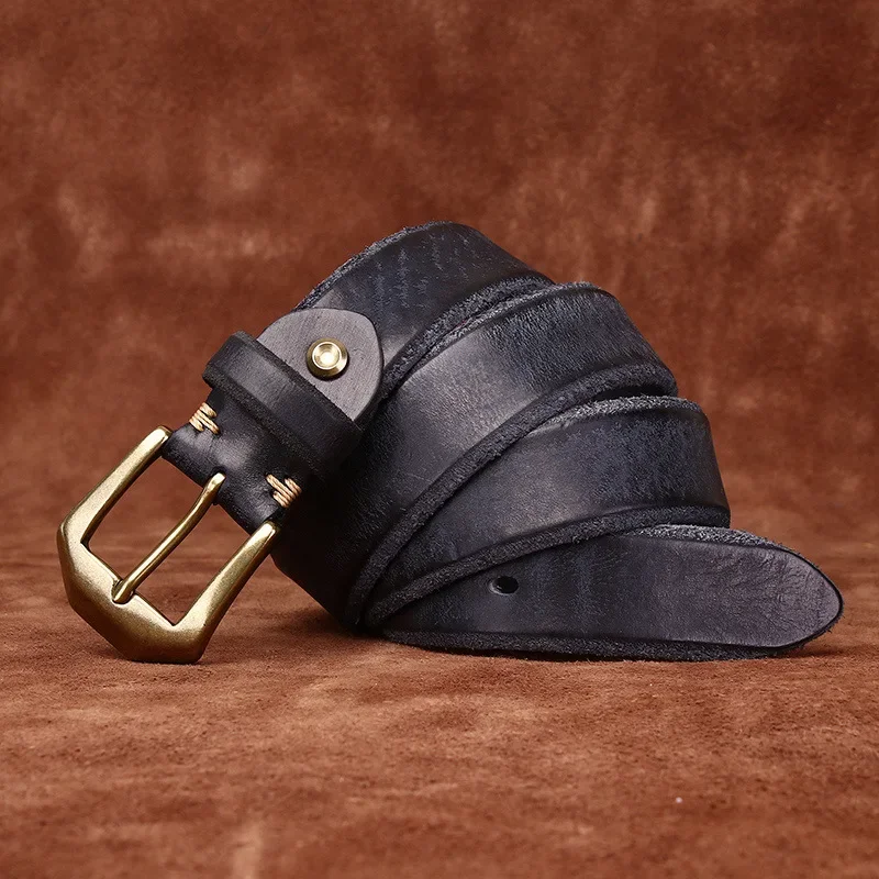 3.8CM rugged domineering thickened extra thick leather top layer cowhide leather belt  men's copper buckle raw edge wool botto