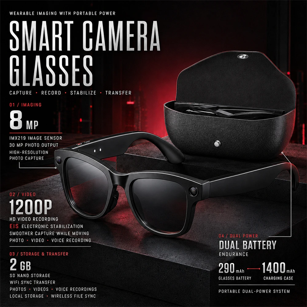 8MP Camera Smart Glasses 1200P HD EIS Stabilization 1400mAh Charging Case WiFi Transfer Photo Voice Recorder Wearable Glasses