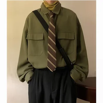 남성용 한국 루즈 긴팔 셔츠, 포켓 툴링 셔츠, M-3XL 패션, 소셜, 그린, 블랙, 가을