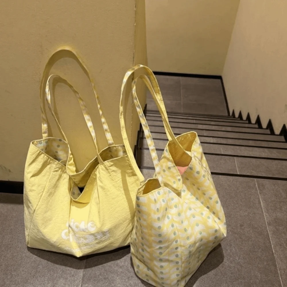 Polyester Double Sided Reversible Tote Bag Lightweight Dual-Side Print Plaid Shoulder Bag All-match Large Capacity Nylon Handbag