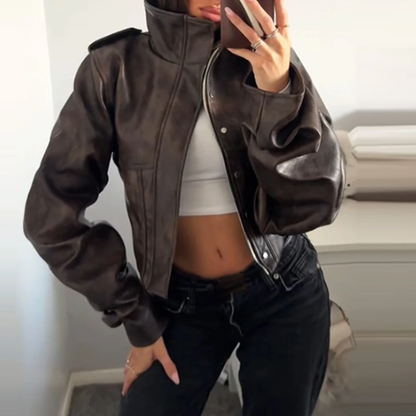 Giacca in Pelle alla Moda con Collo Alto e Maniche Lunghe per Donna, Cappotto con Cerniera Decorata, Design Slim, Nuova Collezione Autunnale Z