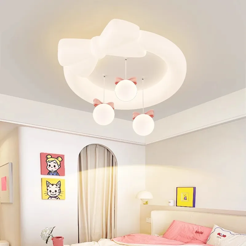 Children's Room Princess Room Bow Ceiling Lights LED Cream Pink Bow Lamp Cute Warm Romantic Baby Room Girl Bedroom Ceiling Lamps