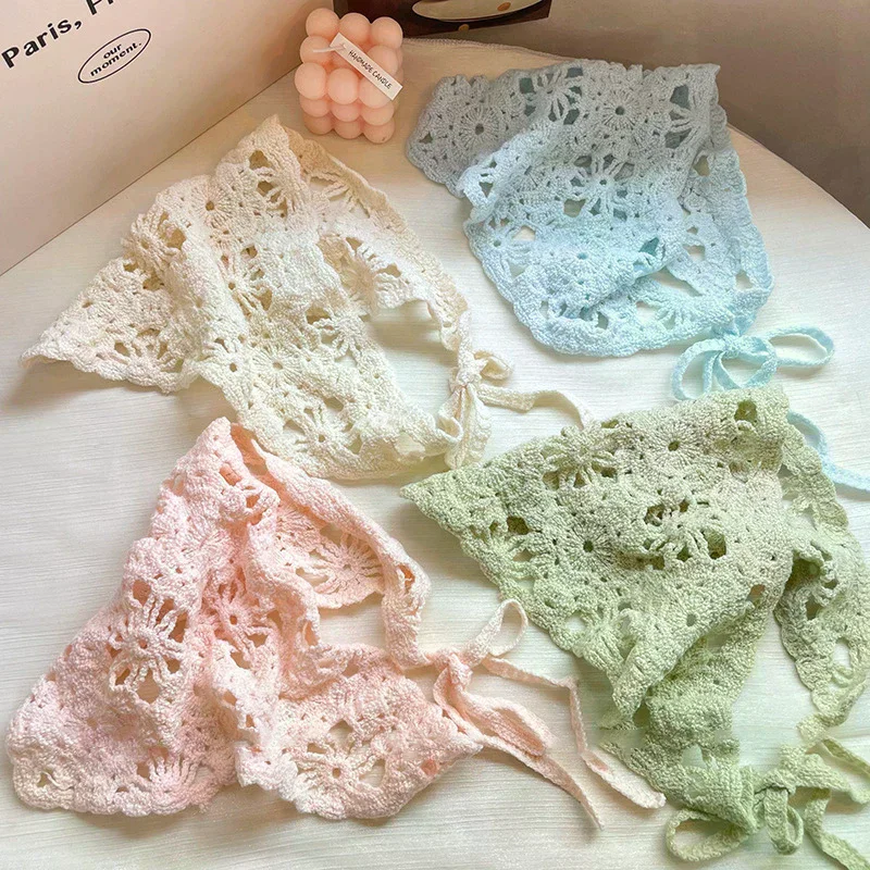 French Pastoral Knitted Triangle Headscarf Retro Flower Crochet Headband Women Fashion Hat