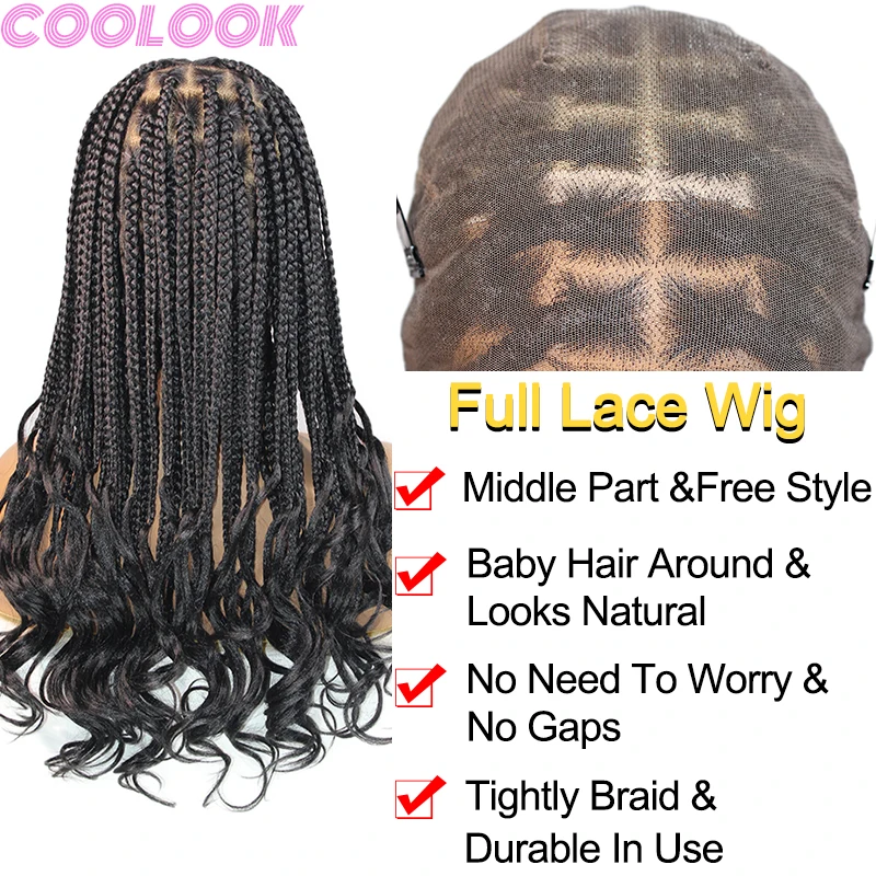 Synthetic Knotless Full Lace Box Braids Wig 18inch Lace Frontal Braid Wig with Curly Ends Distressed Cornrow Crochet Braided Wig