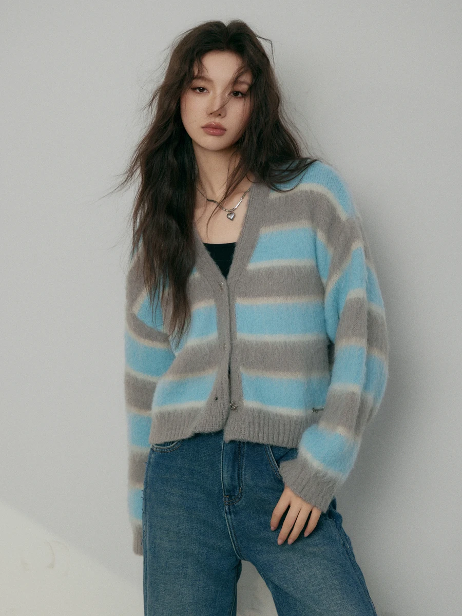 

Кардиган LREEDOM осенне-зимний, свободный, в полоску, синий, вязаный, с открытыми плечами, женский, тонкий, верхняя одежда L33003