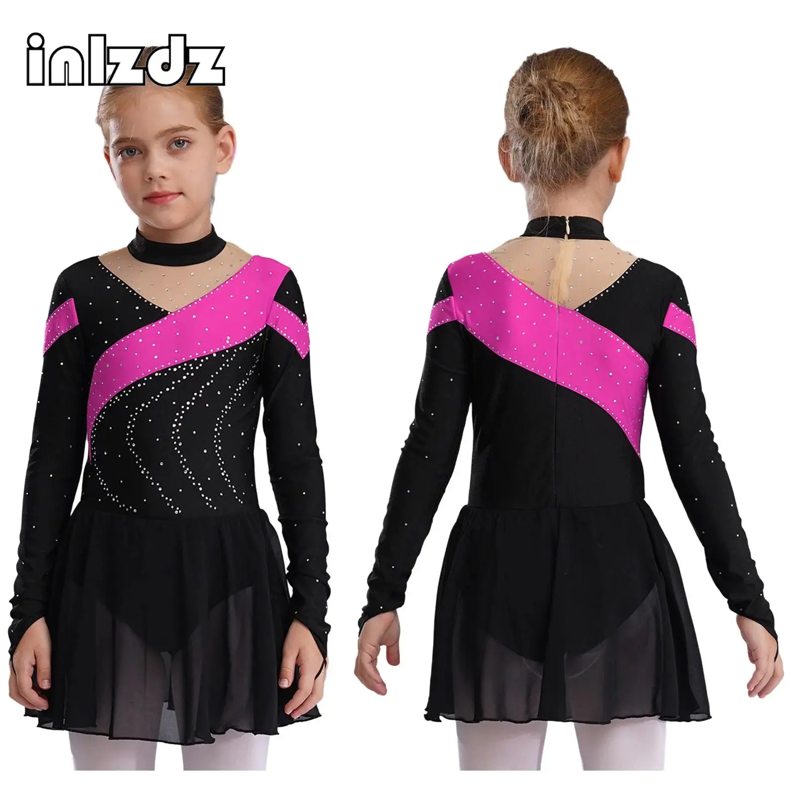 

Kids Girls Gymnastics Leotard Ballet Dance Dress Long Sleeves Rhinestone Figure Ice Skating Dress Training Performance Dancewear