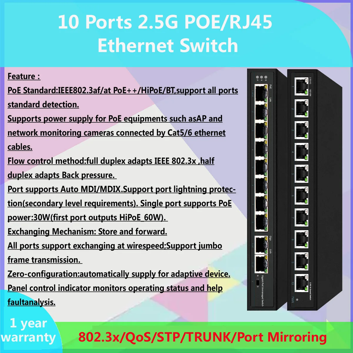 10 Ports 2.5Gbe PoE or RJ45 Ethernet Switch ，8 *2.5Gbps RJ45 with  2*2.5gbps RJ45 Uplink Network Switch