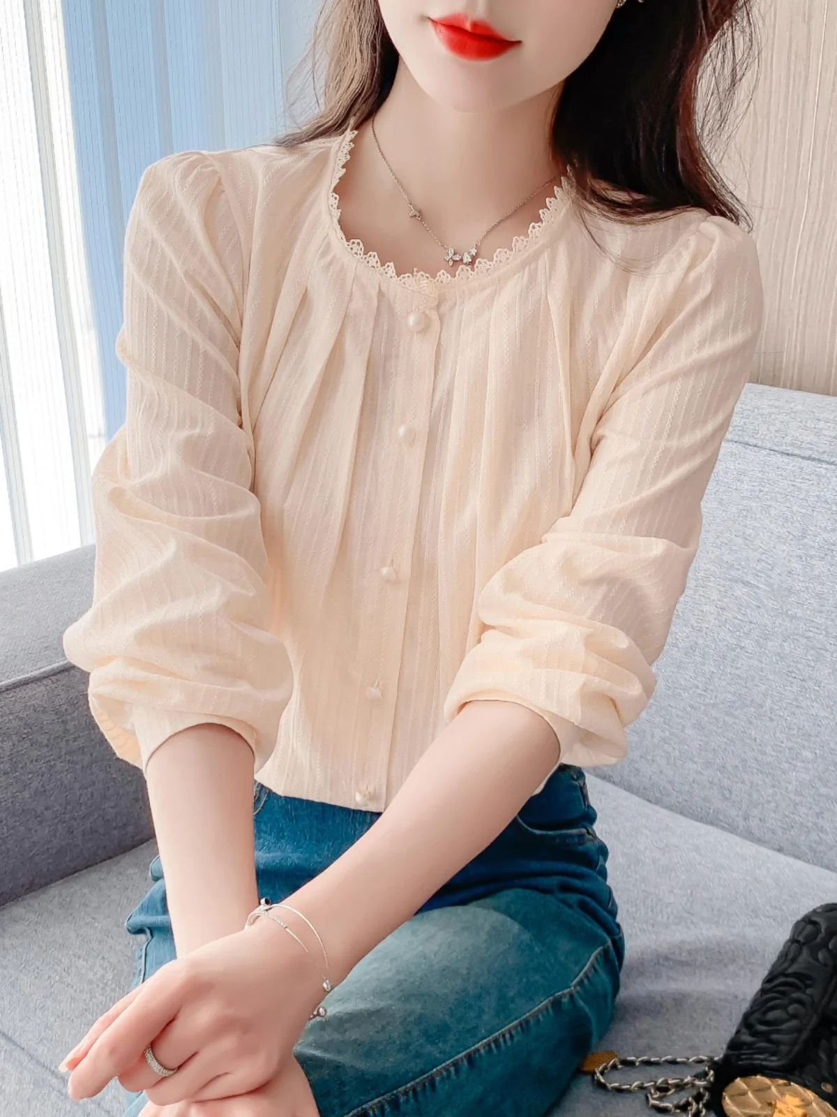 Camiseta de algodón puro de manga larga con cuello redondo y encaje para mujer, nueva colección de primavera, para uso interior y exterior, estilo casual.