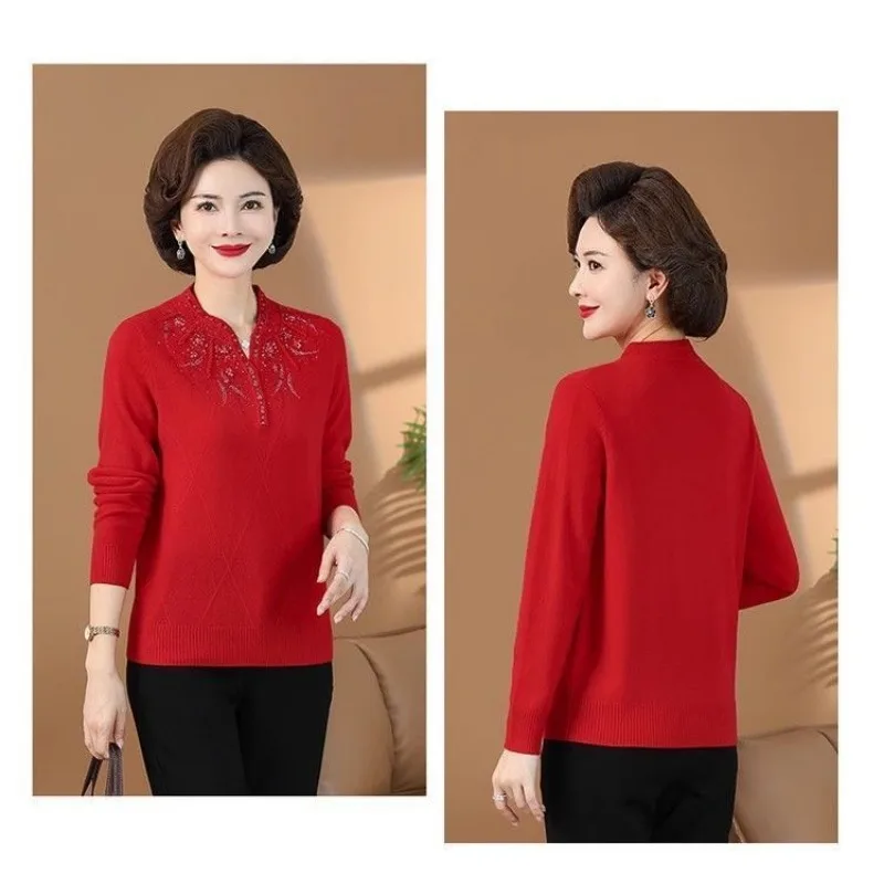 Women's Spring Autumn Sweater Diamond Keep Warm In Winter Plus Size Pullover Wool Korean Fashion Chinese Style Cheongsam Collar