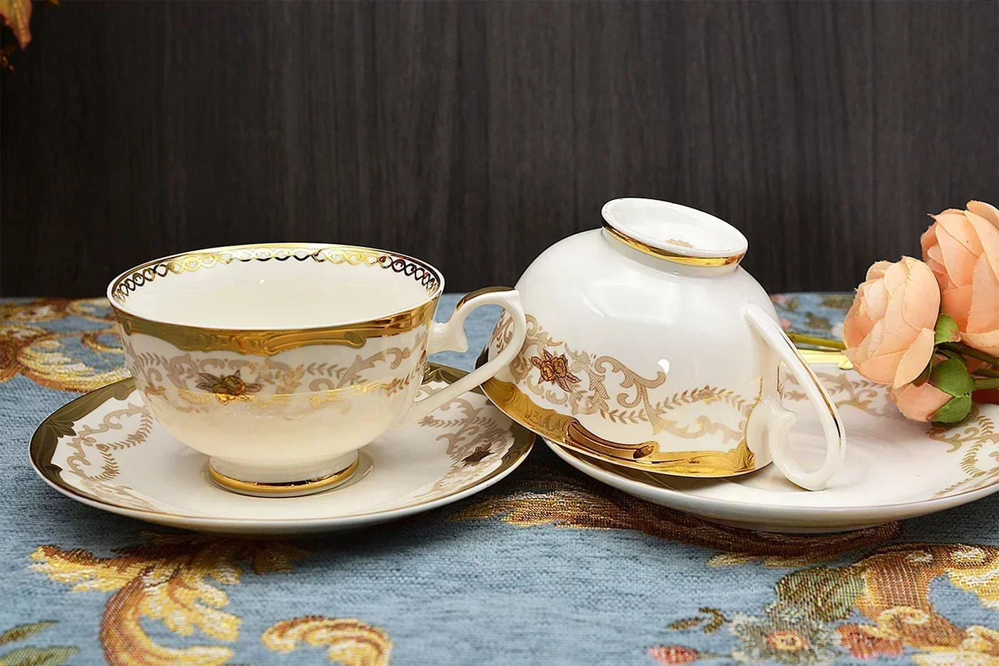 24 pcs tea sets with 6 cups saucers dessert plates embossed gold royal style bone china coffee tea sets