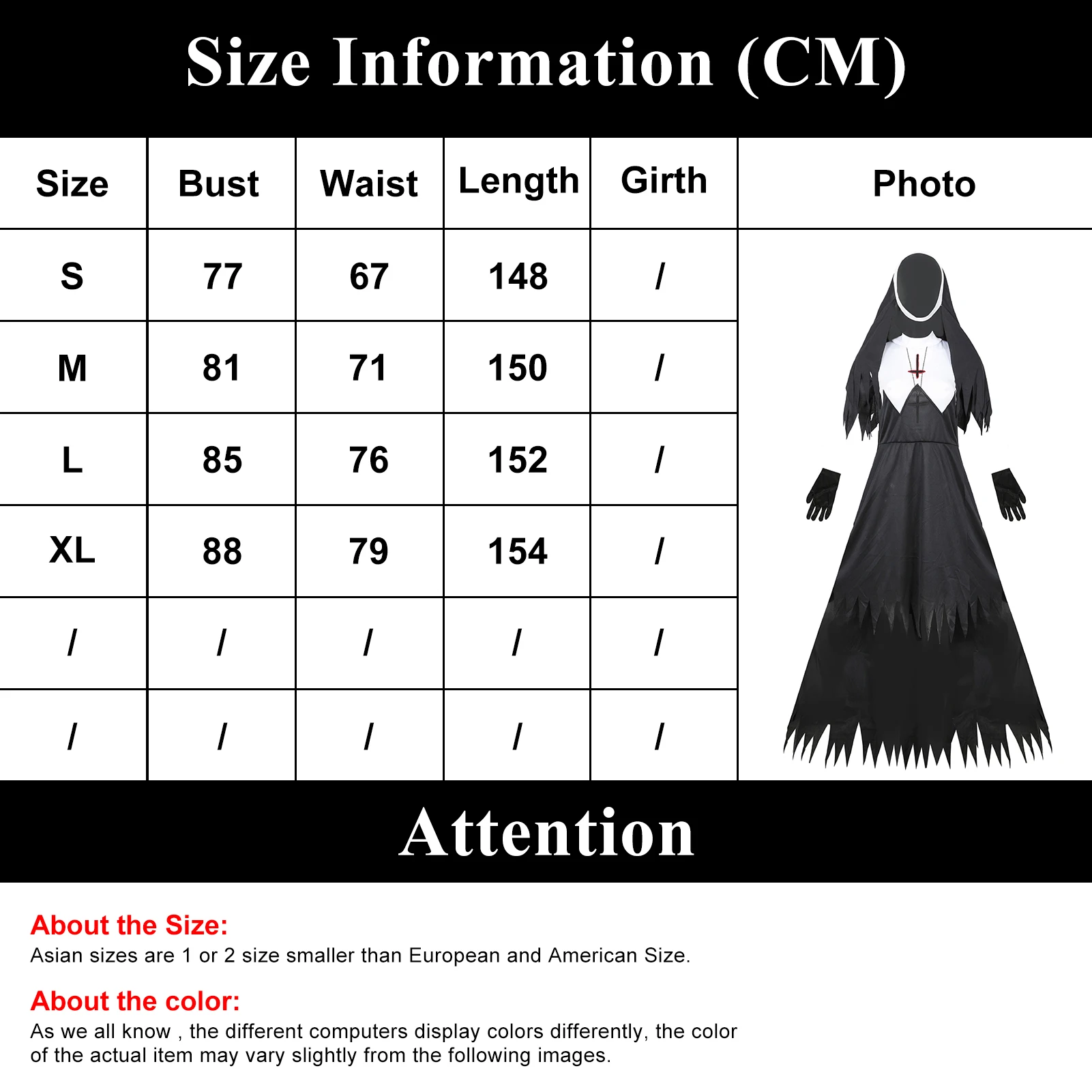 Women Plus Size Scary Nun Costume Halloween Cosplay Party Outfits Gift for Female Girl Neighbor