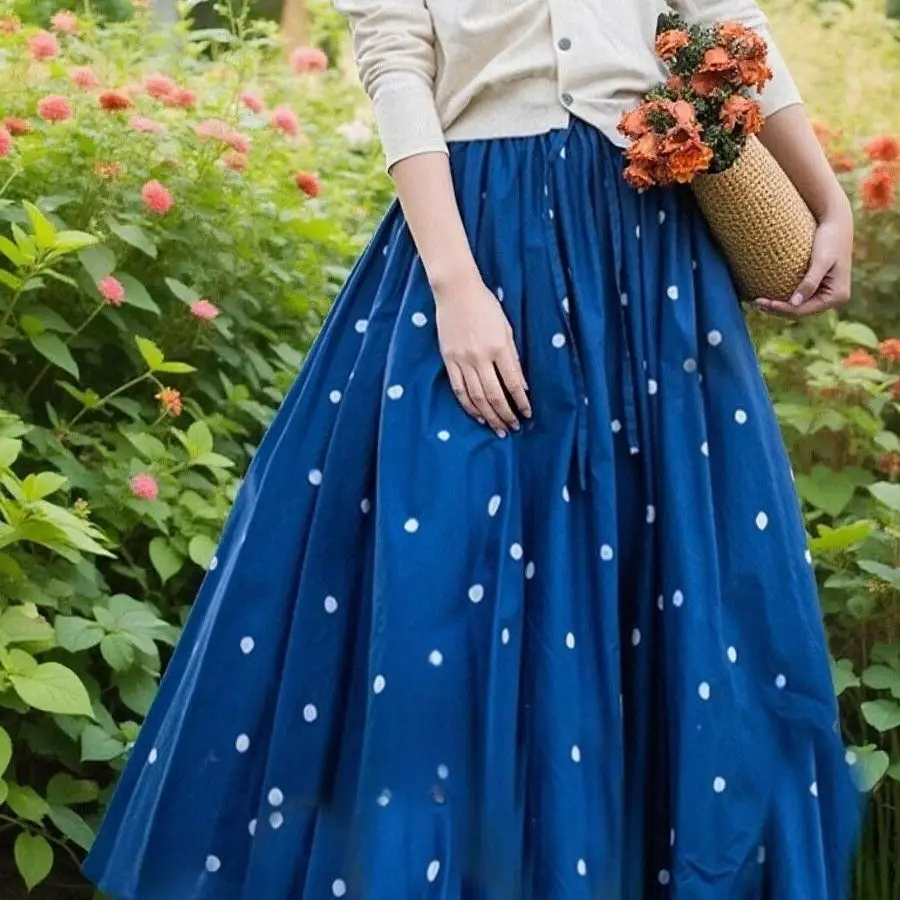 

Винтажная синяя юбка-миди с принтом в горошек, элегантная эластичная талия, большая распашная юбка-зонтик, женская летняя плиссированная юбка трапециевидной формы