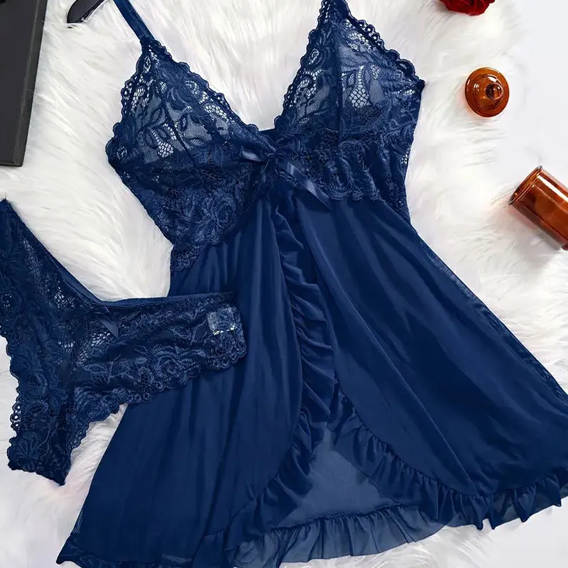 الرسن فستان صيفي الخامس الرقبة الدانتيل تول ثوب النوم مثير سراويل المرأة منامة حجم كبير الملابس الداخلية حساسة مجموعة رقيقة جدا Homewear