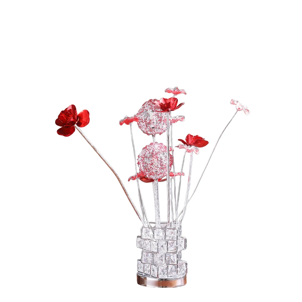 Aluminum 4 Red Roses 6 Petal Floral 2 Red/Silver Flower Bud On A 4 Squared Modern Hexagona Chrome Vase Table Lamp