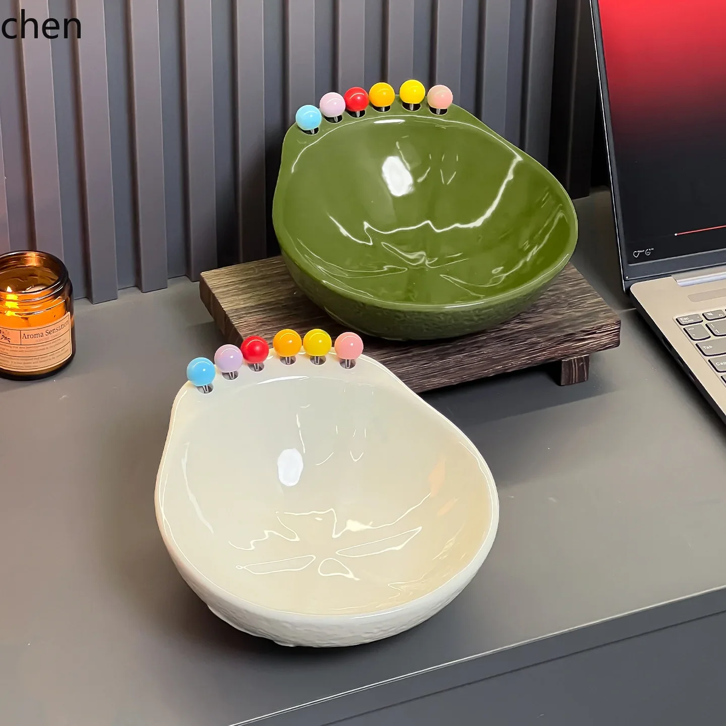 ceramic fruit plate living room coffee table for home high value stainless steel fruit fork suit dessert salad bowl