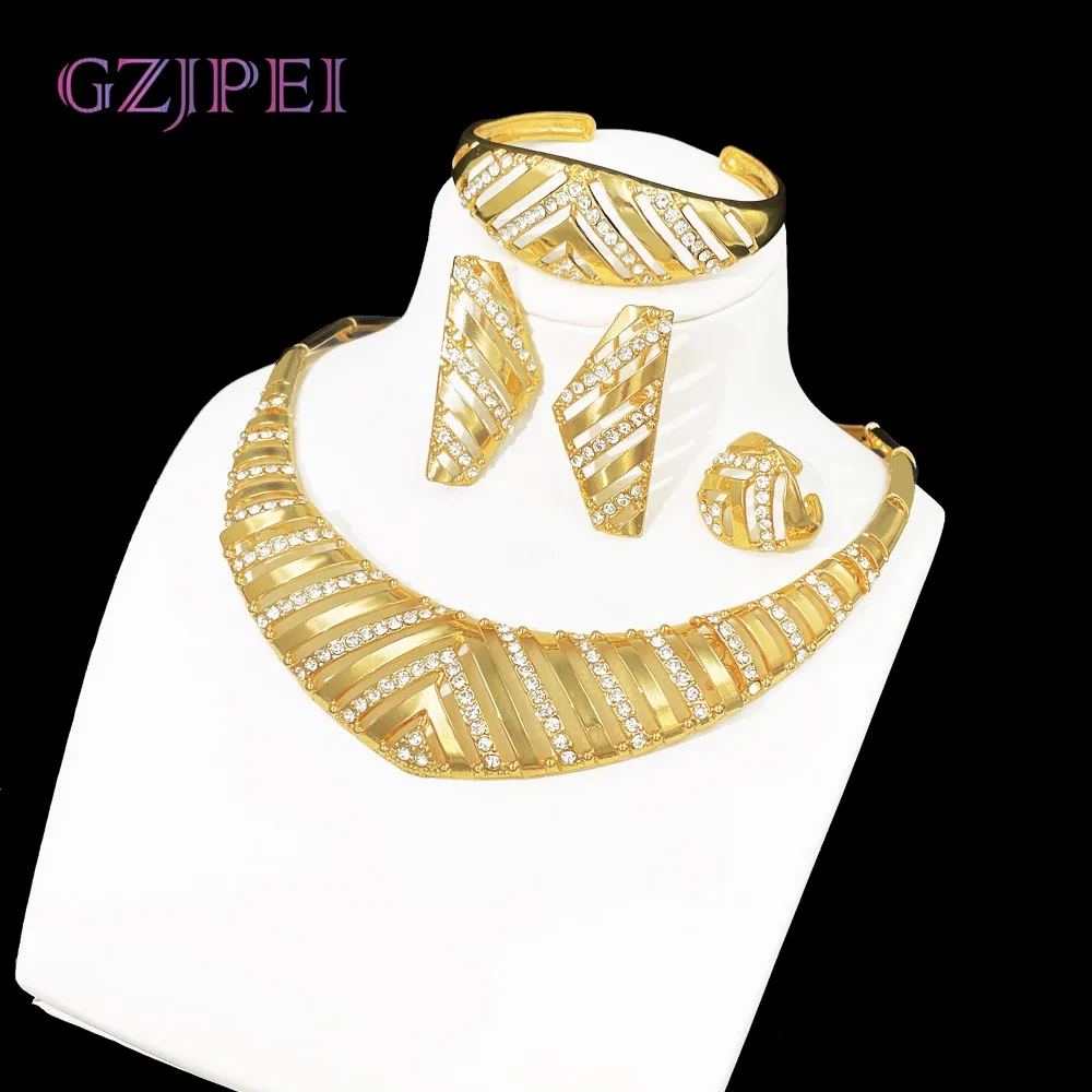 

GZJPEI Dubai Gold Color Jewelry Set Design Geometry Hollow Big Necklace Open Cuff Bracelet Earring Ring African Wedding Gifts