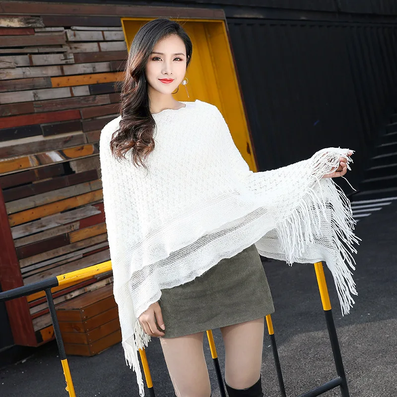 33 White Style Spring Autumn Women Horn Buckle Hollow Sweater Warm Shawl Knitwear Tassel Knitted Loose Pullover Triangle Coat