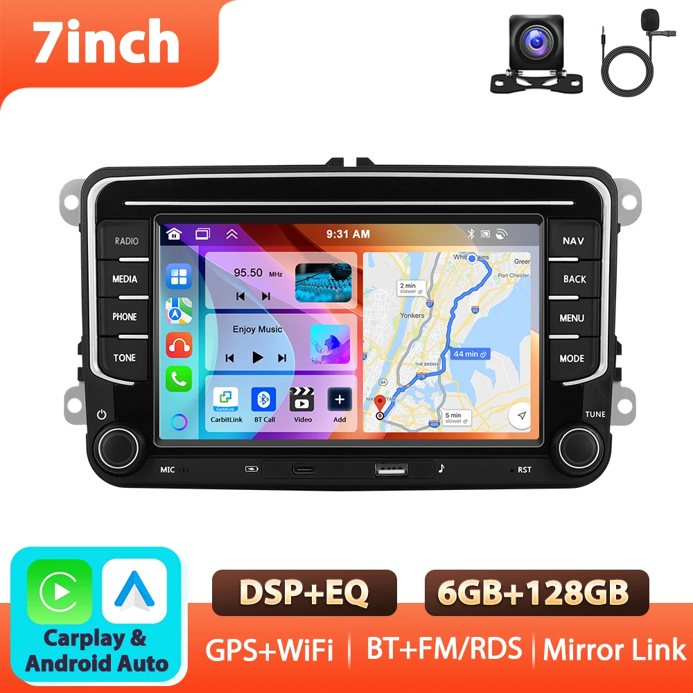 Podofo 7'' 6+128G autoradio voor VW/PASSAT/GOLF/POLO/BORA multimediaspeler WIFI Carplay Android Auto BT EQ Sound DSP autostereo - afbeelding 1