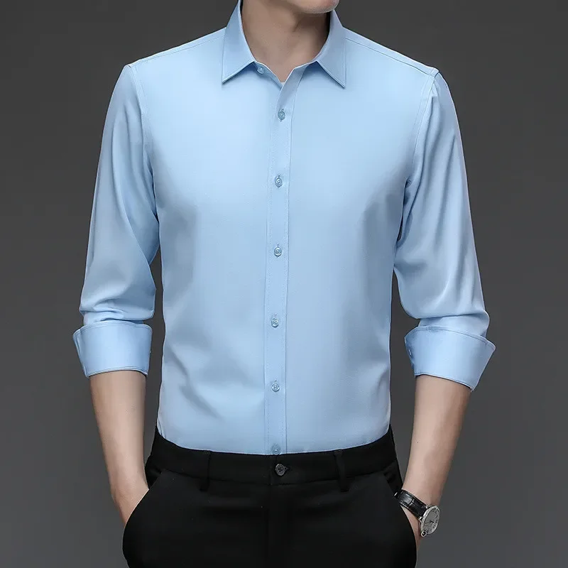 

Men's Soft Dress Shirt Smooth Material Non-iron Pocket-less Design Silk Plain Comfortable Casual Long Sleeve Formal Social Shirt