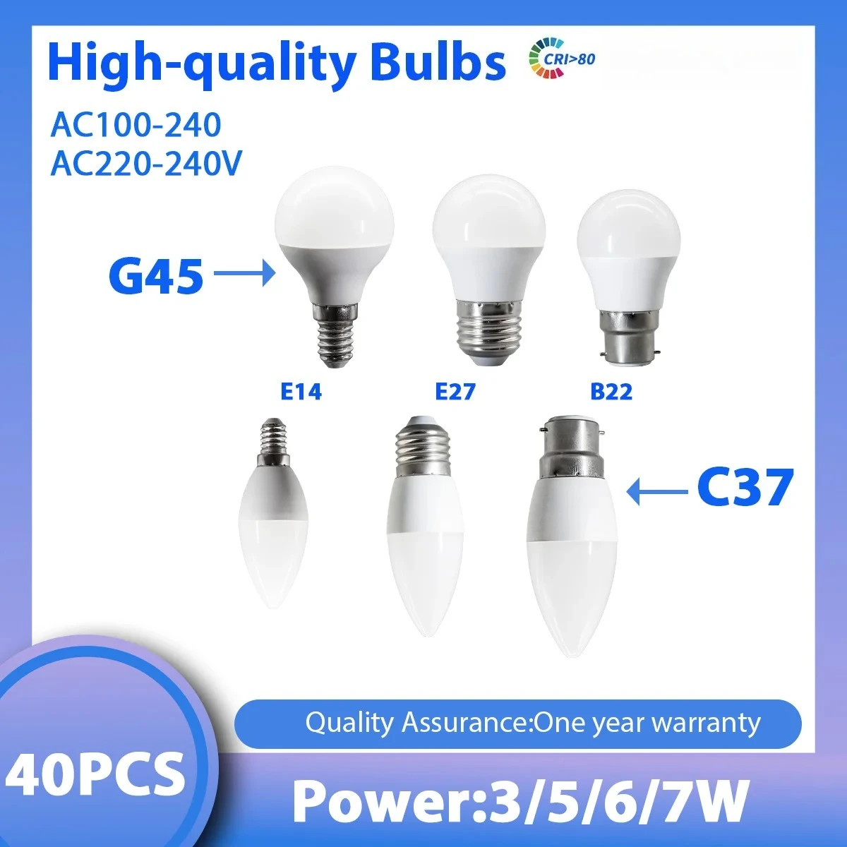 

40PCS LED Candle Mini Bulbs G45 C37 3W 5W 6W 7W E27 E14 B22 Bases Flicker-Free AC220V Ideal for Study Lighting Home