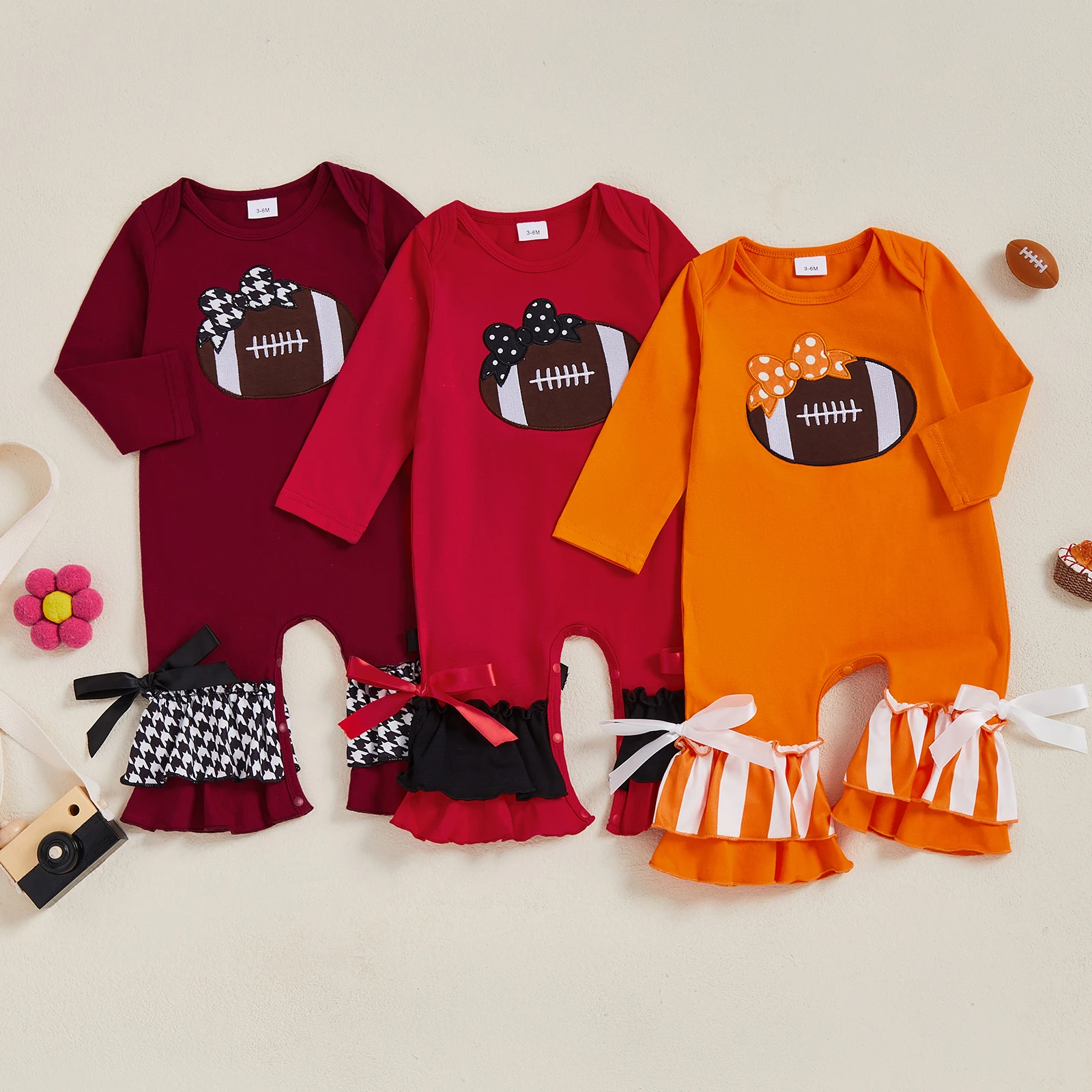 

2025-05-30 Lioraitiin Baby Girl Football Romper Rugby Embroidered Long Sleeve Layered Flare Jumpsuit Cute Fall Clothes