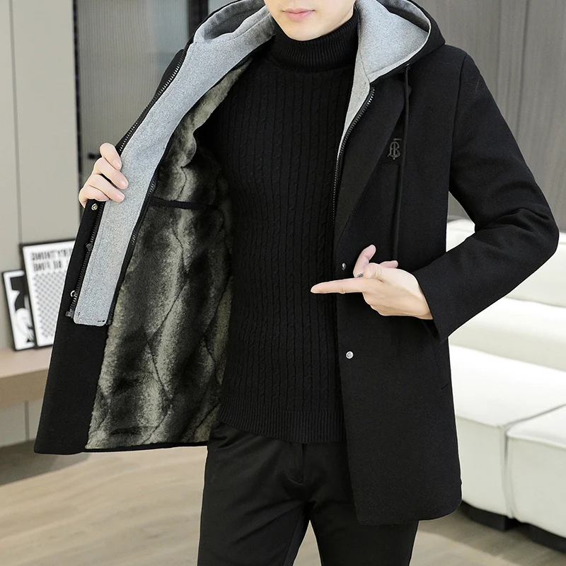 Korean Hooded Woolen Jackets Men Thick Warm Trench Coat Fashion Medium Length Casual Business Overcoat Streetwear Windbreaker