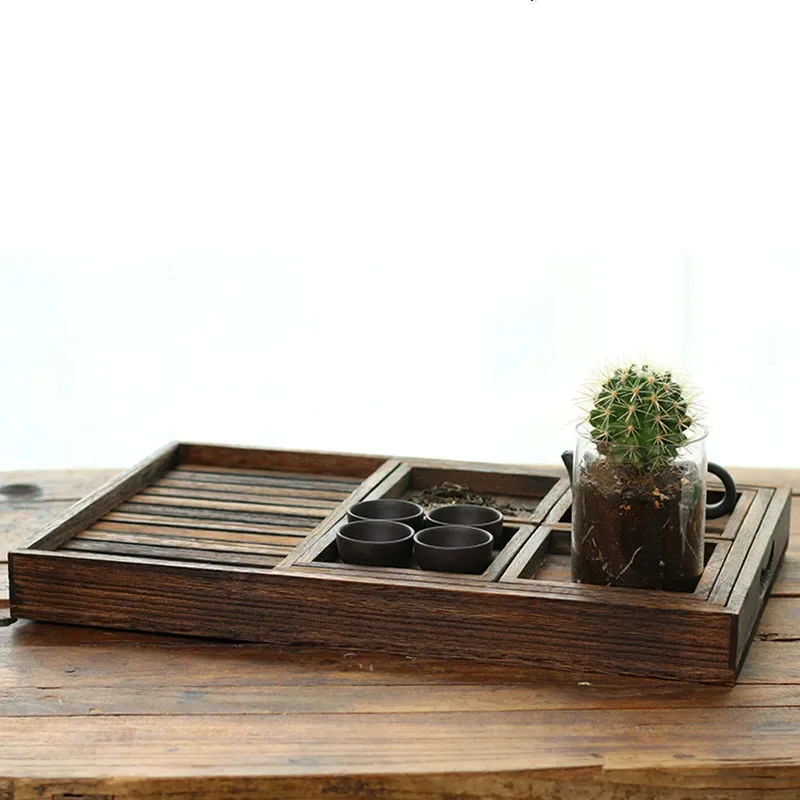 Burnt Tung Wood Tray Seven-Piece Home Rectangular Small Fruit  Solid Wood Snack Nut Tray Tea