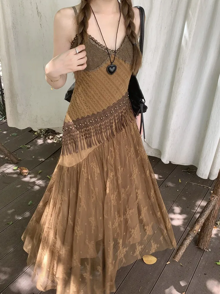 Korean style Ethnic Irgular Spaghettic Strap Fairy Boho Hippie Dress Women Tassel Mesh Stitching Spice Summer Beach Slim Dress