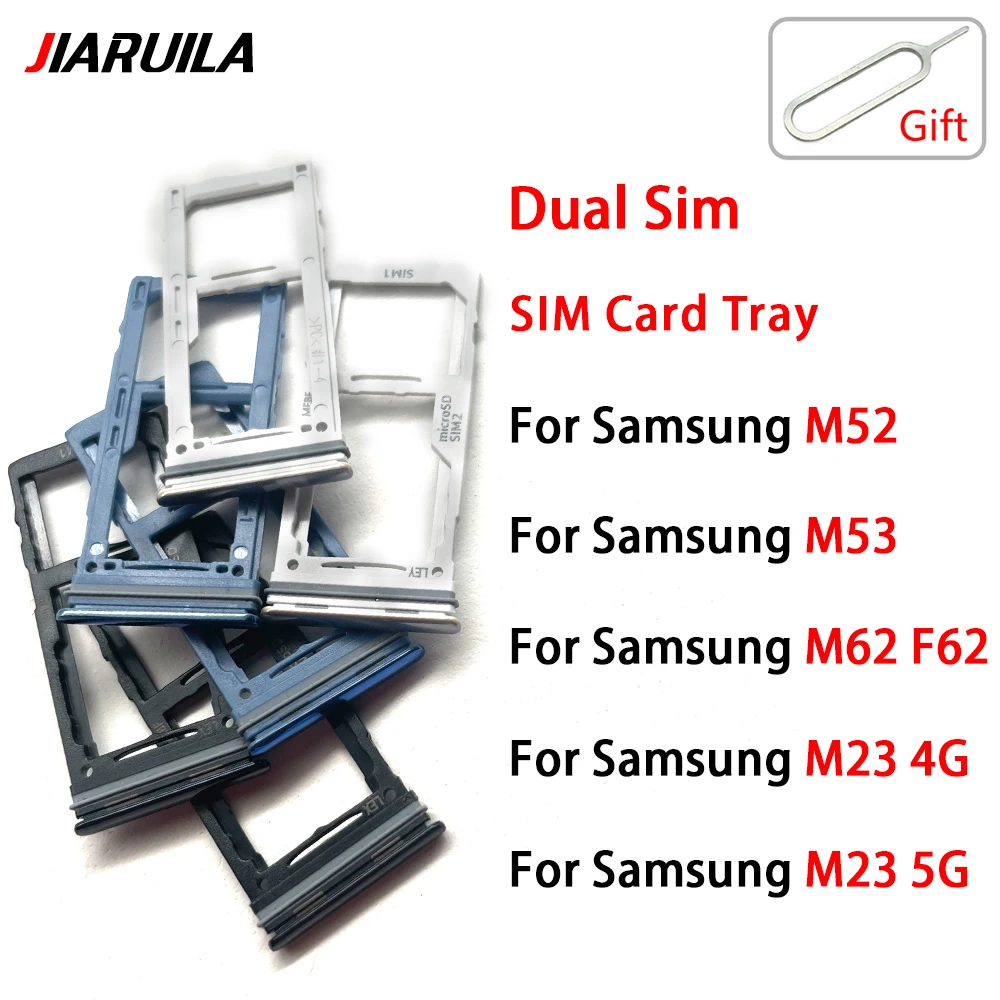 2Pcs New Dual-Card Sim Tray Holder For Samsung M23 M52 M53 M62 4G 5G SIM Card Tray Slot Holder Adapter Socket Repair Parts + Pin