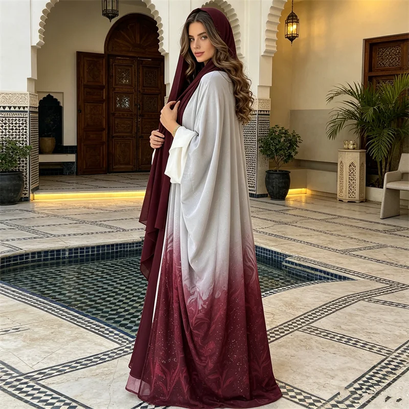 

New Shiny Abaya Dubai Kaftan Women Muslim Dress Gradient Color Kimono Cardigan Kebaya Caftan Marocain Femme Robe Islam Jalabiya