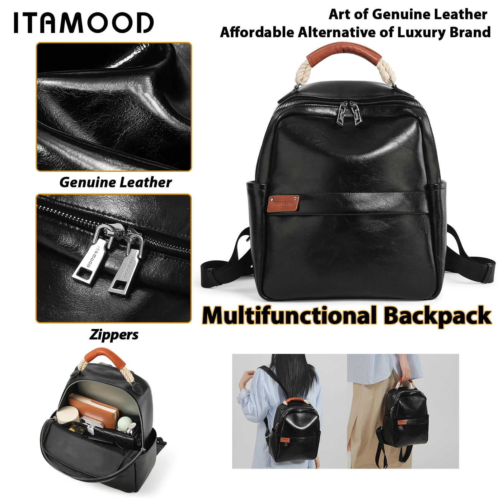 ITAMOOD Women Backpack 2024 New Large Capacity Leather Simple Commuting Leisure Travel Versatile Backpack Fashion Handbag Female