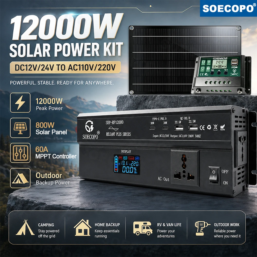 SOECOPO 12000W Emergency Backup Solar System 1000W Panel Power Inverter DC12V 24V to AC110V 220V 60A MPPT Controller LCD Display