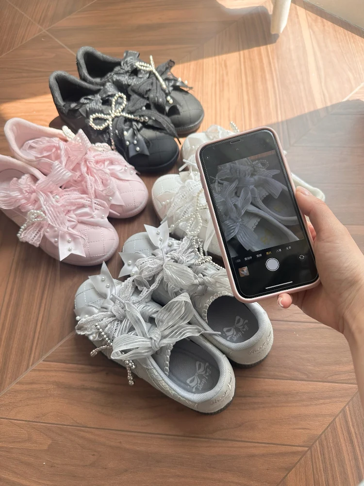 Original Sweet Girl Ballet Style Pink Training Shoes Cute Bow Lace-up Lo Sneakers Spring and Autumn Women's Kawaii Sports Shoes