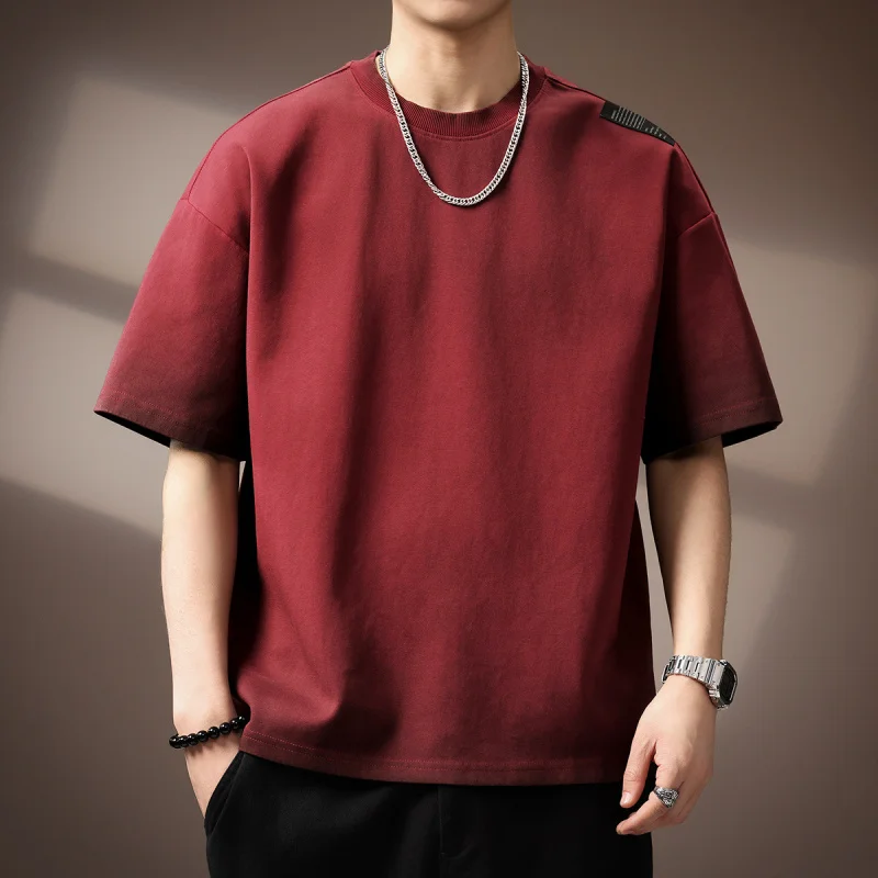 Fashionable solid color simple T-shirt men's 2025 summer trendy loose plus size round neck casual short sleeved top