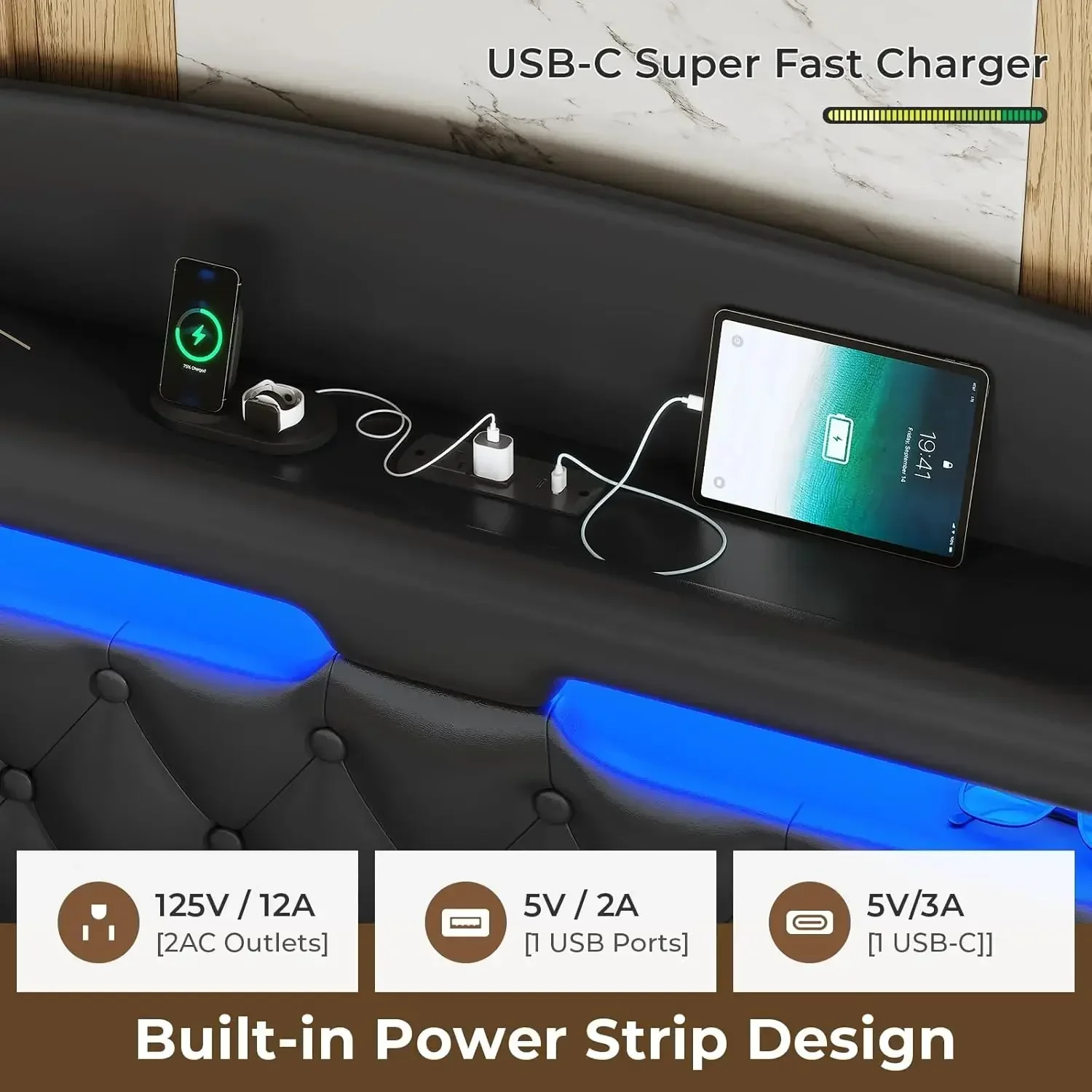 Floating Bed Frame King Hidden Storage Headboard, Floating LED Bed Frame,Upholstered Leather Platform Bed with Storage,Black