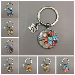 Colorful Painting Town City Building Keychain Beautiful House Under The Starry Sky Key Ring for New Home Purse Keyring for Women