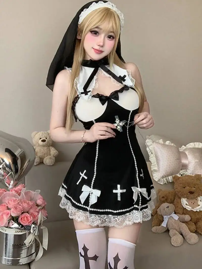 Sexy Nun Uniform, Erotic Pure Desire Temptation Pajamas Dress Elegant Hot Sexy Mini Dress Tank Tops 2025 New Fashion Women 2TCS