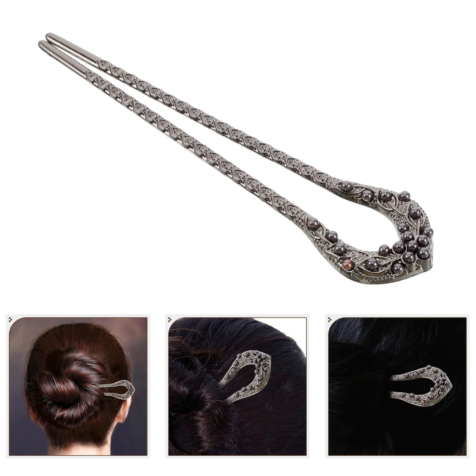 

U Shaped Pin Women Pearl Leaf Design Chinese Hair Stick For Updos Bridal Wedding Hair Accessories Long Metal Hairpins Vintage