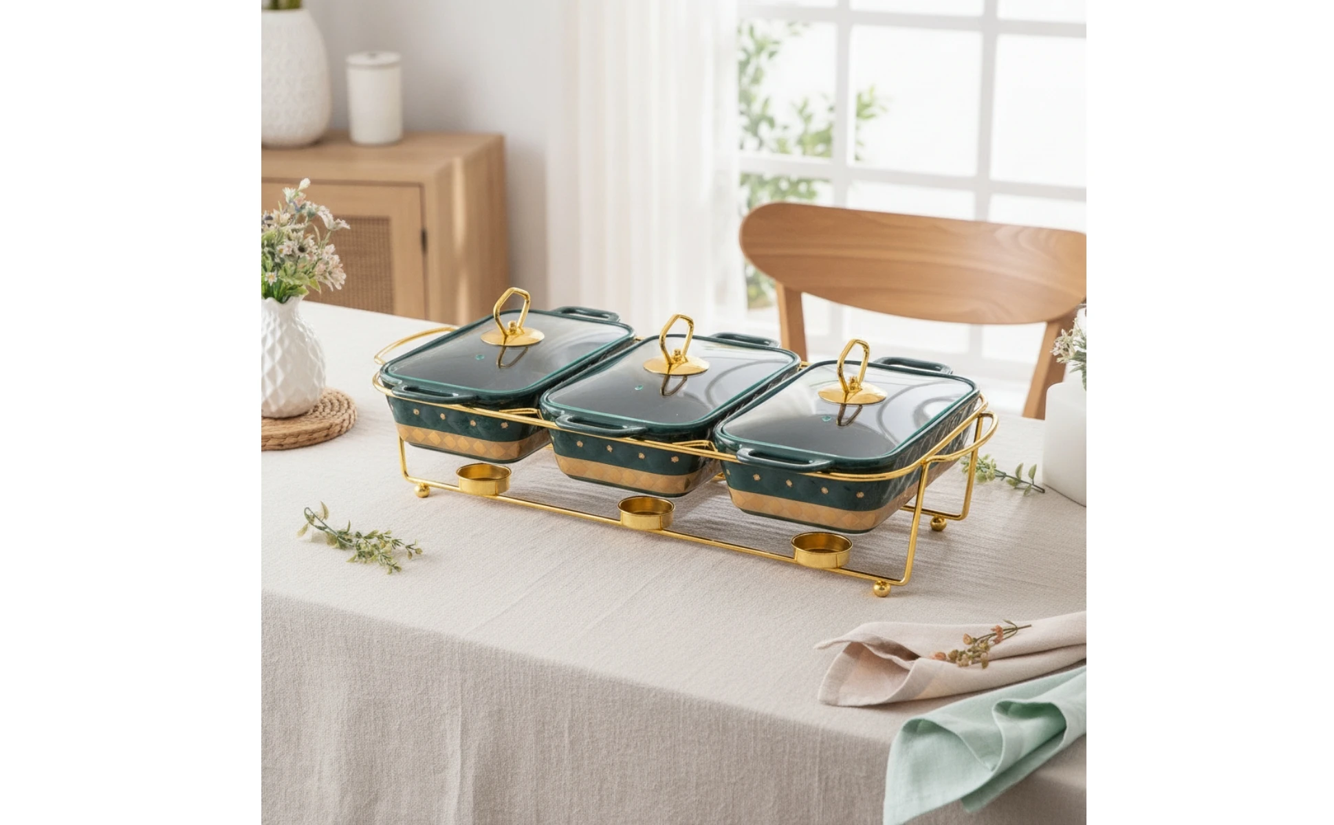 Casserole Dish Set with Rack Glazed Rotating Buffet Server Ceramic Baking Dish with Lid Contemporary Bakeware Classic for Hosts